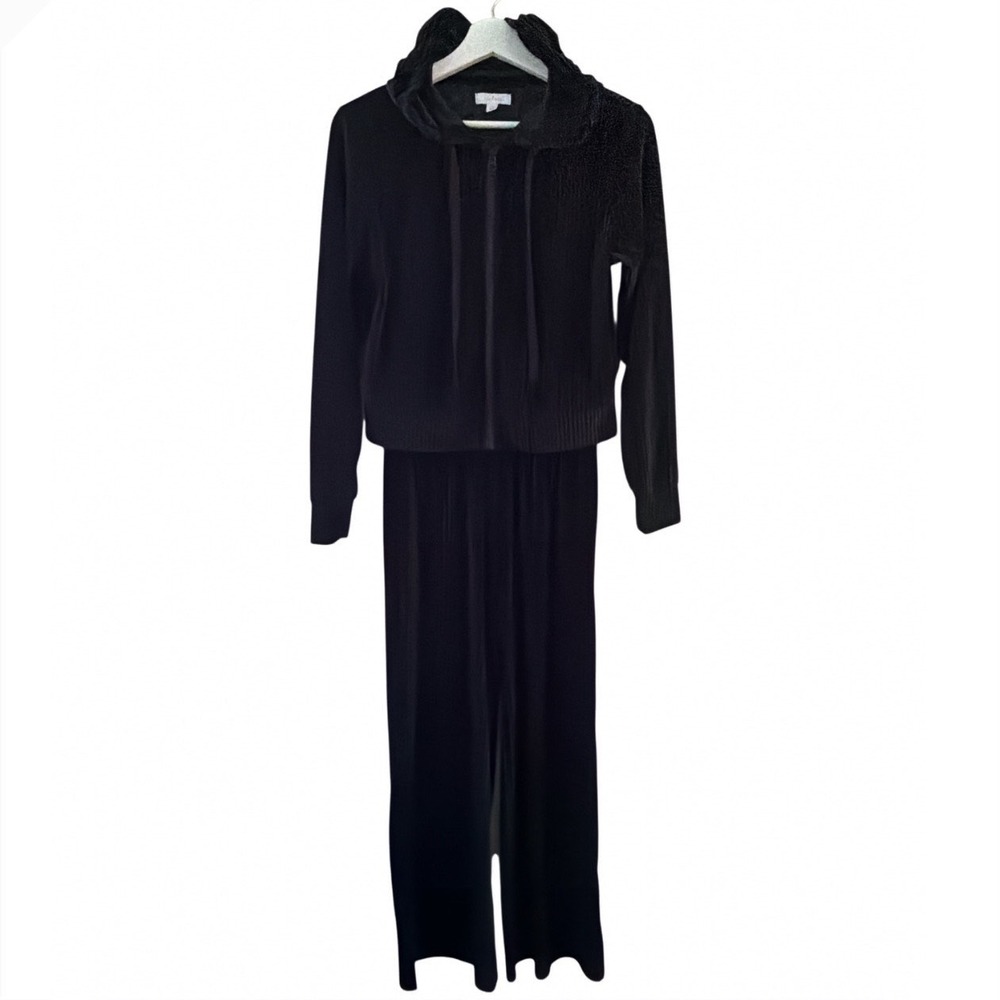 Colsie Womens XS Black Ribbed Velvet Lounge Set Zip Hoodie‎ Wide Leg Pants 2pc